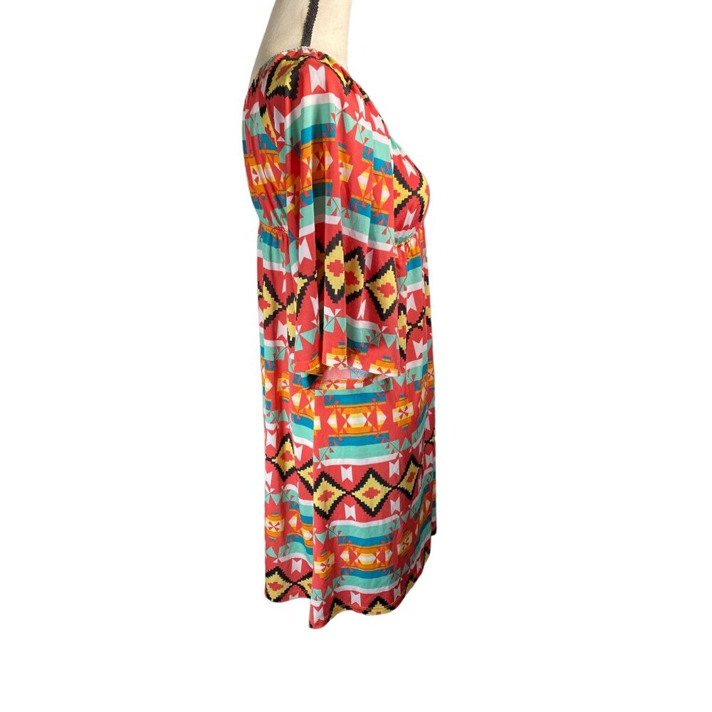 Boho‎ Chic V-Neck Tribal Print Mini Dress With 3/4 Sleeves & Empire Waist - Picture 6 of 12